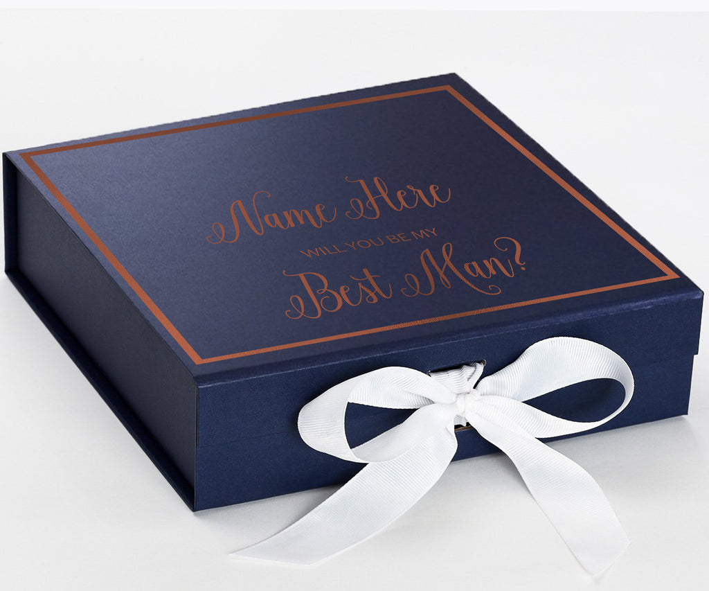 Personalized Will You Be My Best Man  Box? Proposal Box Navy Blue w/ Bow white -  Border