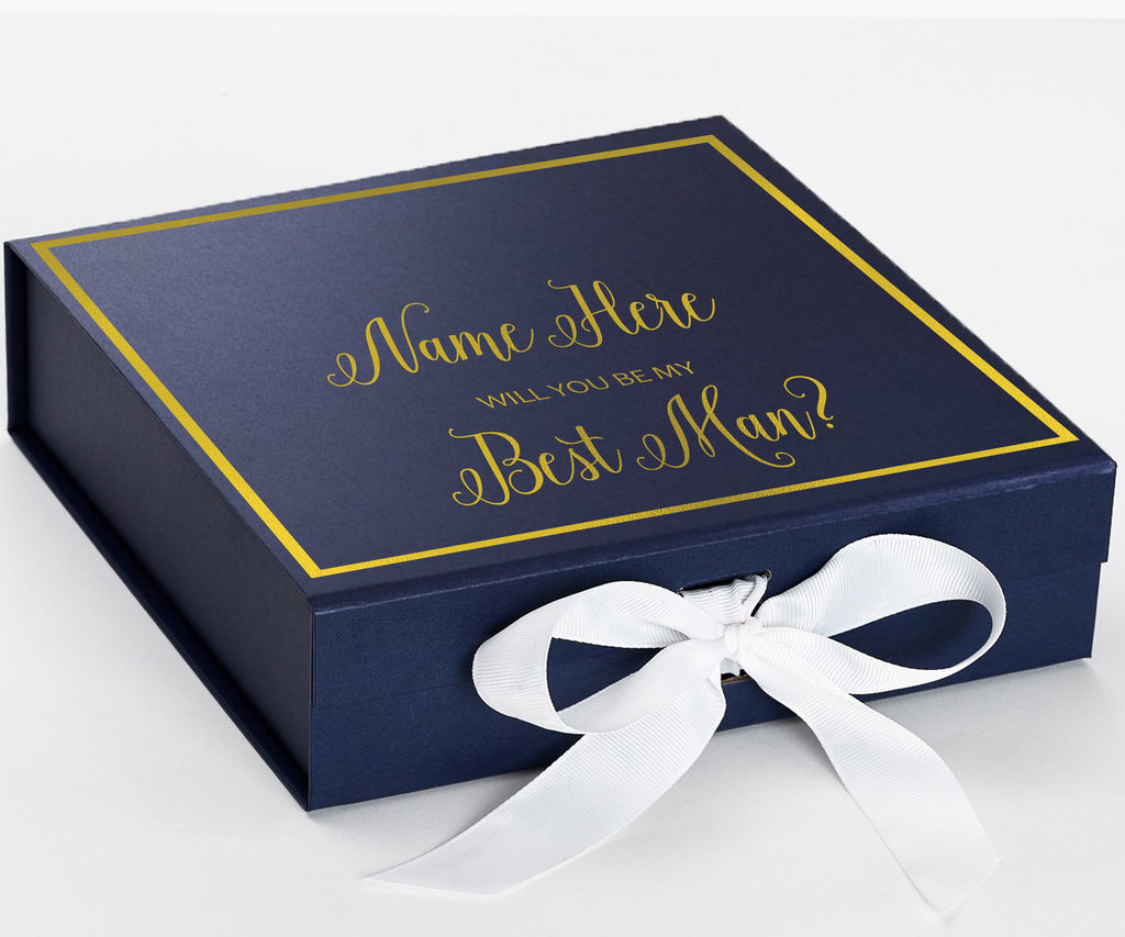 Personalized Will You Be My Best Man  Box? Proposal Box Navy Blue w/ Bow white -  Border
