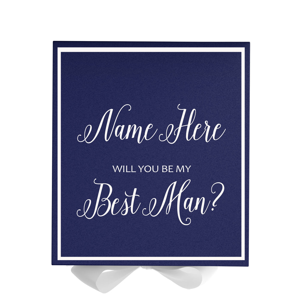 Personalized Will You Be My Best Man  Box? Proposal Box Navy Blue w/ Bow white -  Border