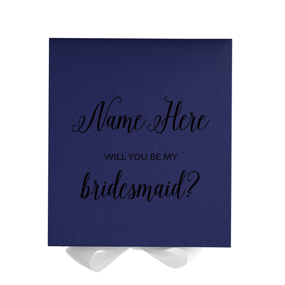 Personalized Will You Be My Bridesmaid  Box? Proposal Box Navy Blue w/ Bow white - No Border