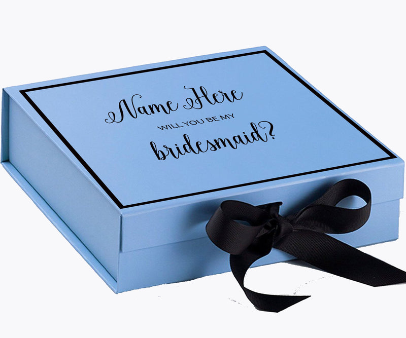 Personalized Will You Be My Bridesmaid  Box? Proposal Box Light Blue w/ Bow Blk -  Border