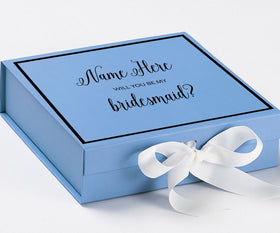 Personalized Will You Be My Bridesmaid  Box? Proposal Box Light Blue w/ Bow white -  Border