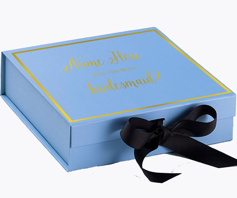 Personalized Will You Be My Bridesmaid  Box? Proposal Box Light Blue w/ Bow Blk -  Border