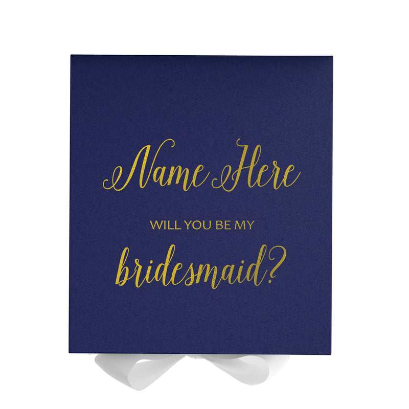 Personalized Will You Be My Bridesmaid  Box? Proposal Box Navy Blue w/ Bow white - No Border