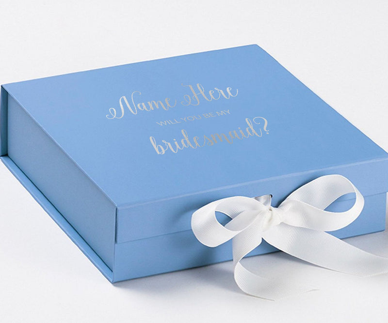 Personalized Will You Be My Bridesmaid  Box? Proposal Box Light Blue w/ Bow white - No Border
