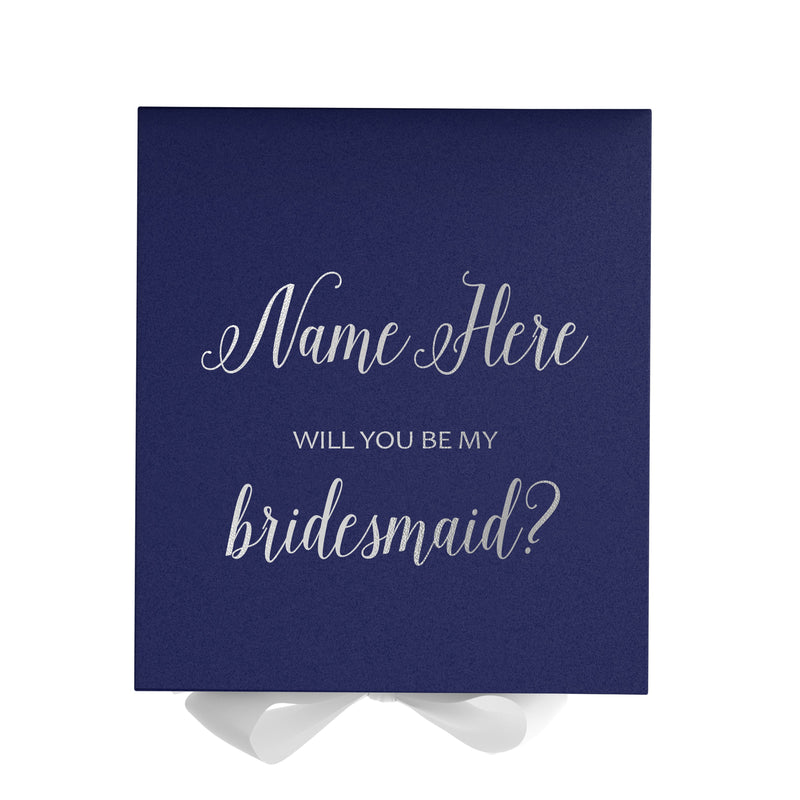 Personalized Will You Be My Bridesmaid  Box? Proposal Box Navy Blue w/ Bow white - No Border