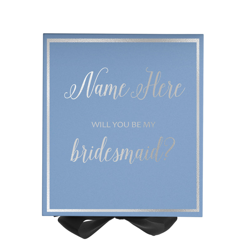 Personalized Will You Be My Bridesmaid  Box? Proposal Box Light Blue w/ Bow Blk -  Border