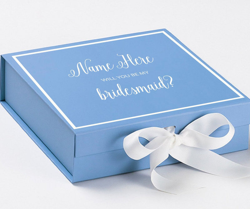 Personalized Will You Be My Bridesmaid  Box? Proposal Box Light Blue w/ Bow white -  Border