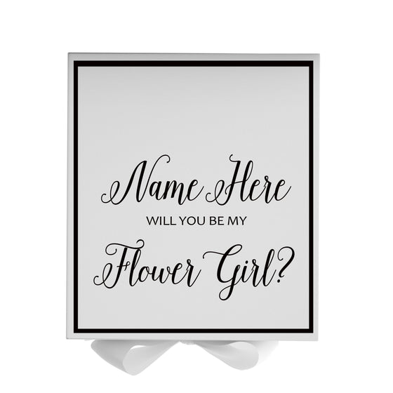 Personalized Will You Be My Flower Girl  Box? Proposal Box White w/ Bow white -  Border
