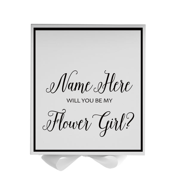 Personalized Will You Be My Flower Girl  Box? Proposal Box White w/ Bow white -  Border