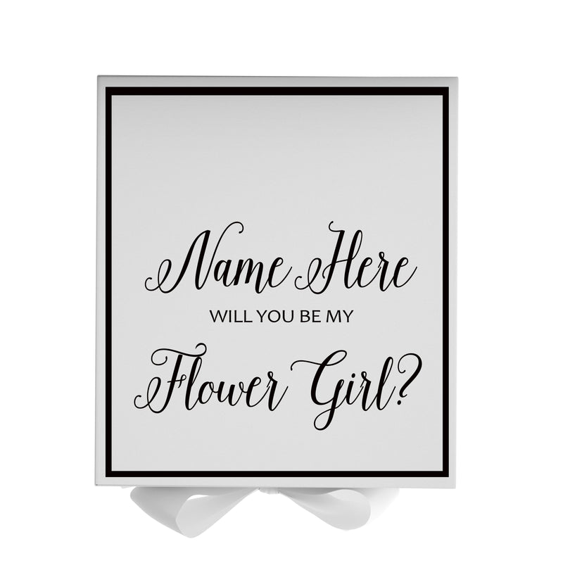 Personalized Will You Be My Flower Girl  Box? Proposal Box White w/ Bow white -  Border