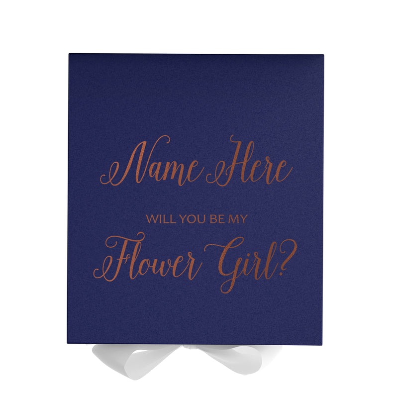 Personalized Will You Be My Flower Girl  Box? Proposal Box Navy Blue w/ Bow white - No Border