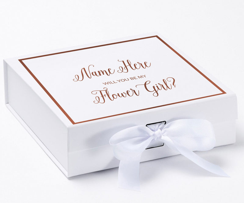 Personalized Will You Be My Flower Girl  Box? Proposal Box White w/ Bow white -  Border