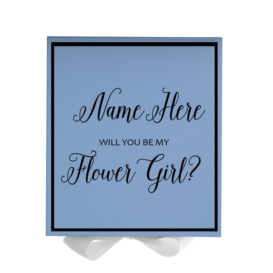 Personalized Will You Be My Flower Girl  Box? Proposal Box Light Blue w/ Bow white -  Border