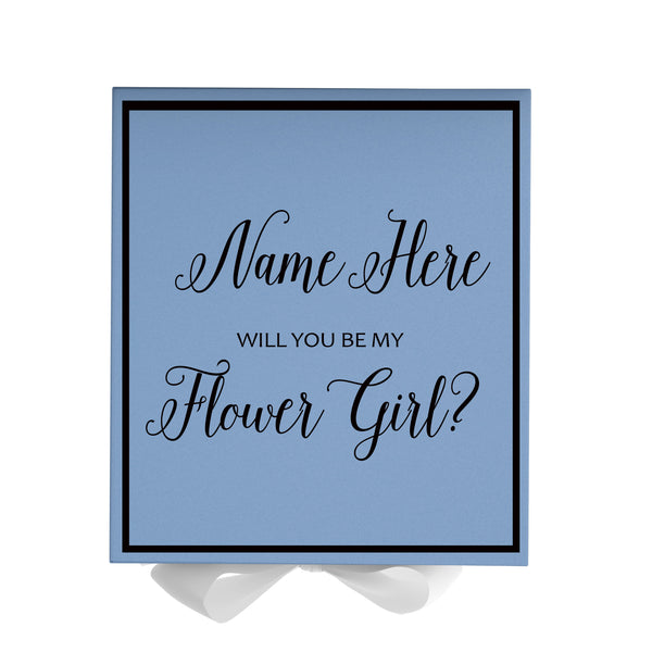 Personalized Will You Be My Flower Girl  Box? Proposal Box Light Blue w/ Bow white -  Border