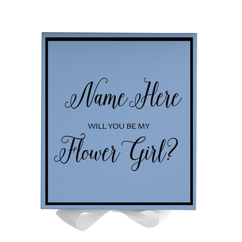 Personalized Will You Be My Flower Girl  Box? Proposal Box Light Blue w/ Bow white -  Border
