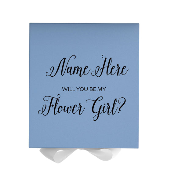 Personalized Will You Be My Flower Girl  Box? Proposal Box Light Blue w/ Bow white - No Border