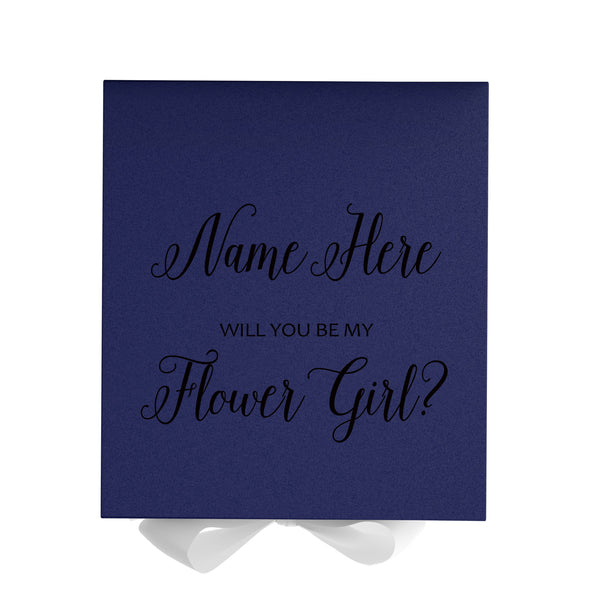 Personalized Will You Be My Flower Girl  Box? Proposal Box Navy Blue w/ Bow white - No Border