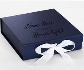 Personalized Will You Be My Flower Girl  Box? Proposal Box Navy Blue w/ Bow white - No Border