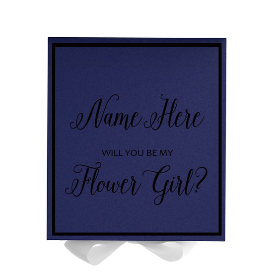 Personalized Will You Be My Flower Girl  Box? Proposal Box Navy Blue w/ Bow white -  Border
