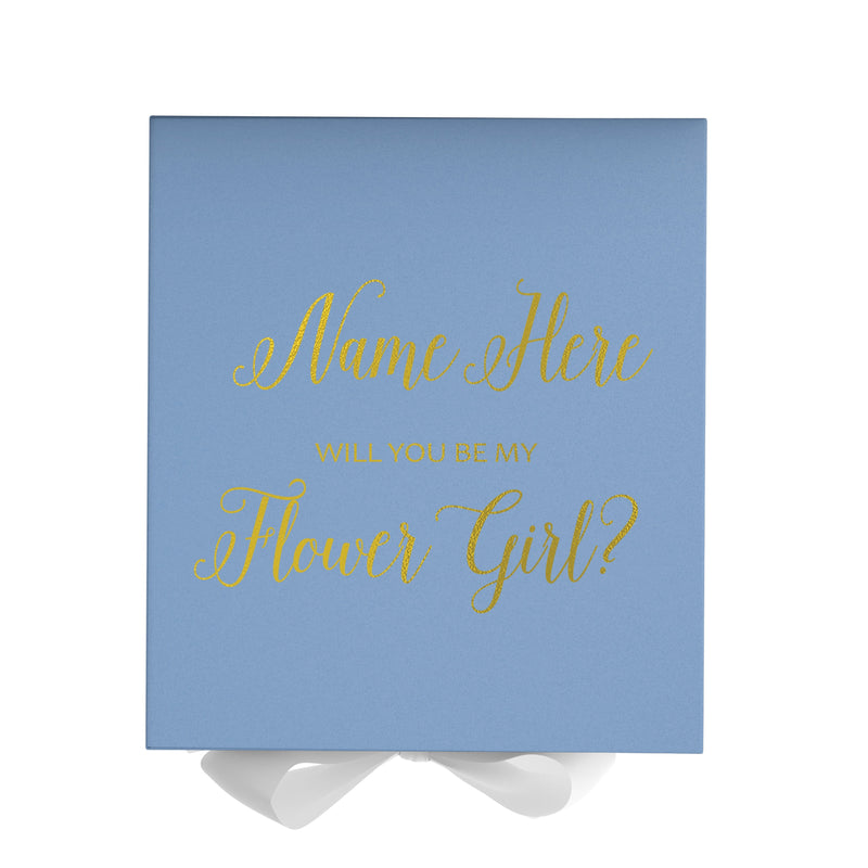 Personalized Will You Be My Flower Girl  Box? Proposal Box Light Blue w/ Bow white - No Border