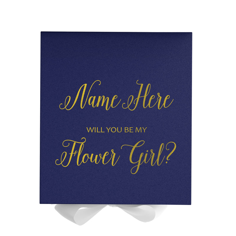 Personalized Will You Be My Flower Girl  Box? Proposal Box Navy Blue w/ Bow white - No Border