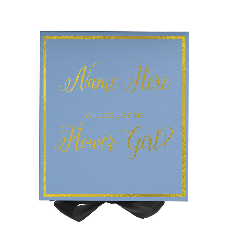 Personalized Will You Be My Flower Girl  Box? Proposal Box Light Blue w/ Bow Blk -  Border