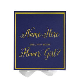 Personalized Will You Be My Flower Girl  Box? Proposal Box Navy Blue w/ Bow white -  Border