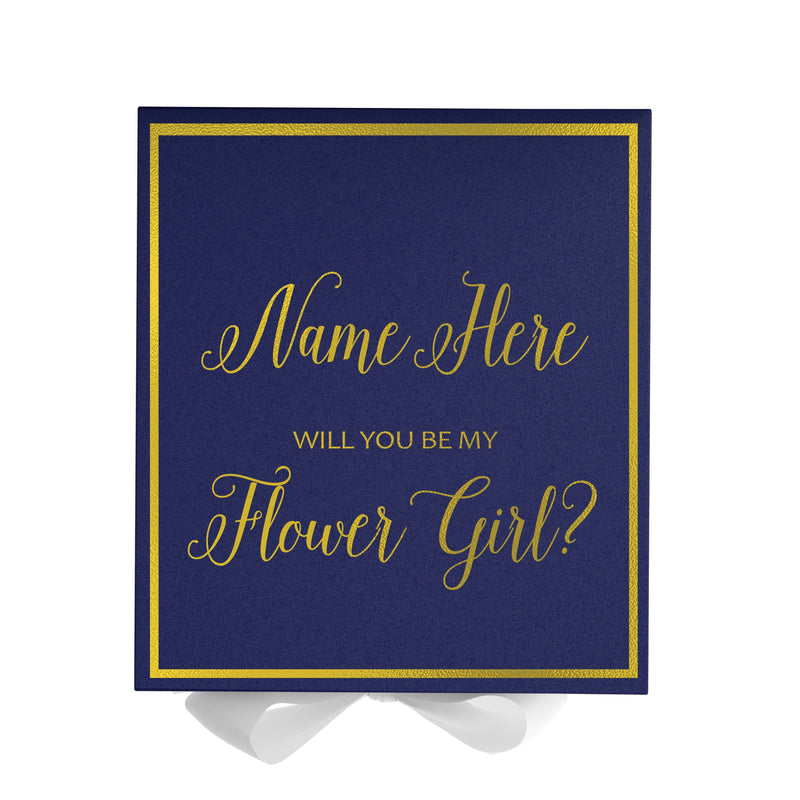 Personalized Will You Be My Flower Girl  Box? Proposal Box Navy Blue w/ Bow white -  Border