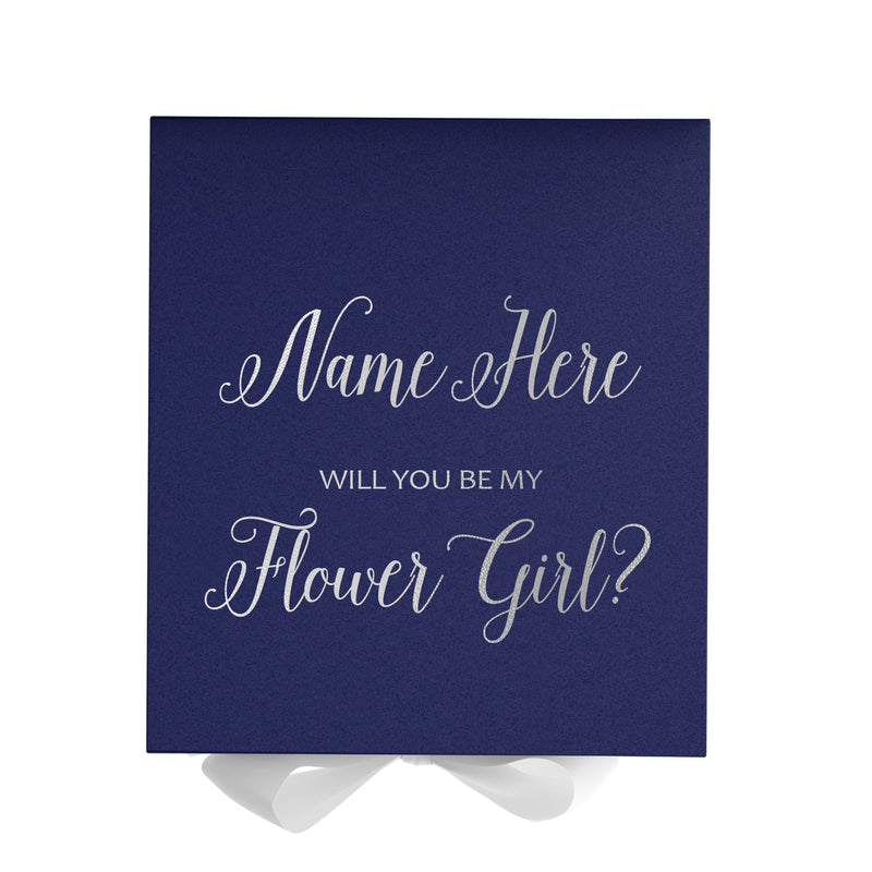 Personalized Will You Be My Flower Girl  Box? Proposal Box Navy Blue w/ Bow white - No Border
