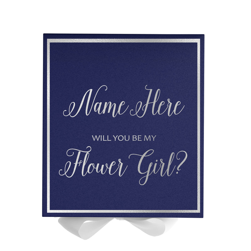Personalized Will You Be My Flower Girl  Box? Proposal Box Navy Blue w/ Bow white -  Border