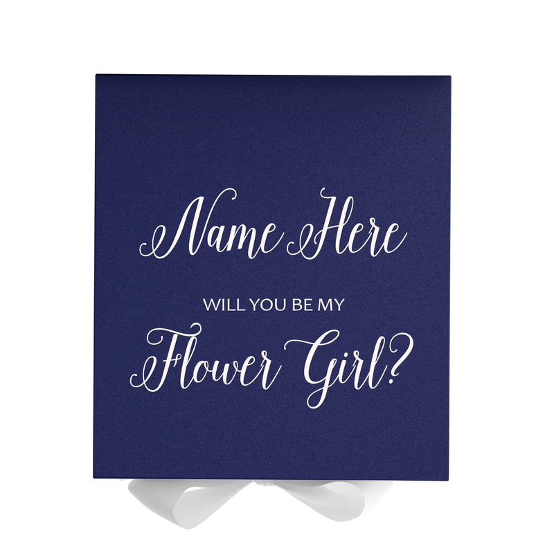 Personalized Will You Be My Flower Girl  Box? Proposal Box Navy Blue w/ Bow white - No Border
