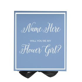 Personalized Will You Be My Flower Girl  Box? Proposal Box Light Blue w/ Bow Blk -  Border
