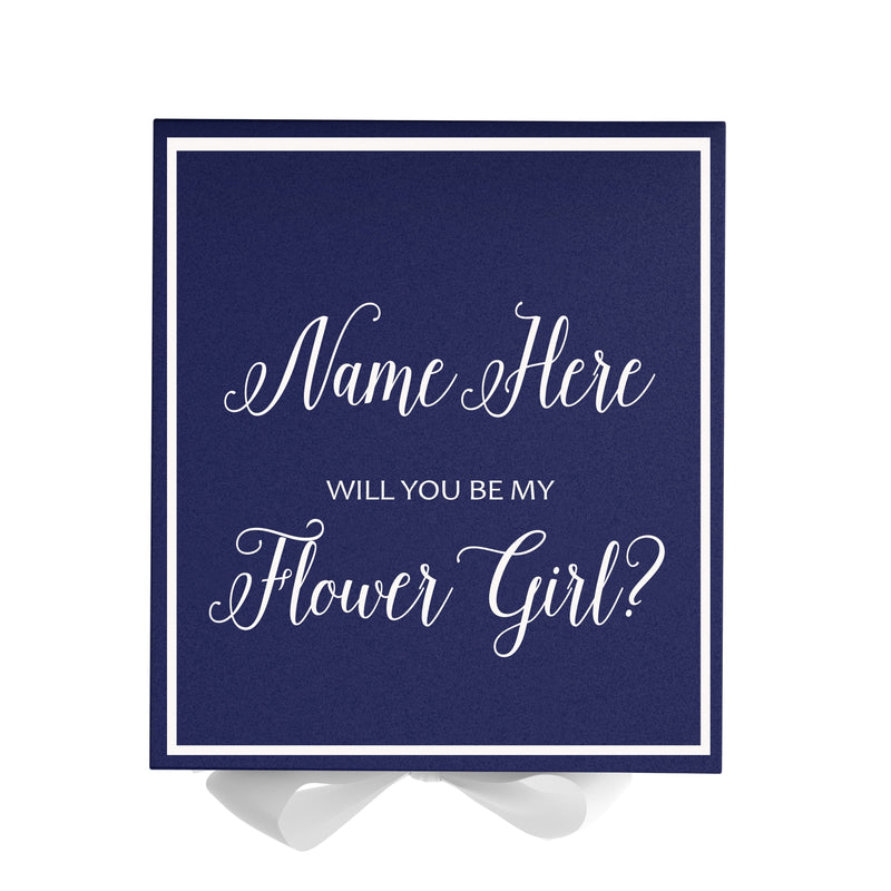 Personalized Will You Be My Flower Girl  Box? Proposal Box Navy Blue w/ Bow white -  Border