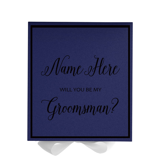 Personalized Will You Be My Groomsman  Box? Proposal Box Navy Blue w/ Bow white -  Border