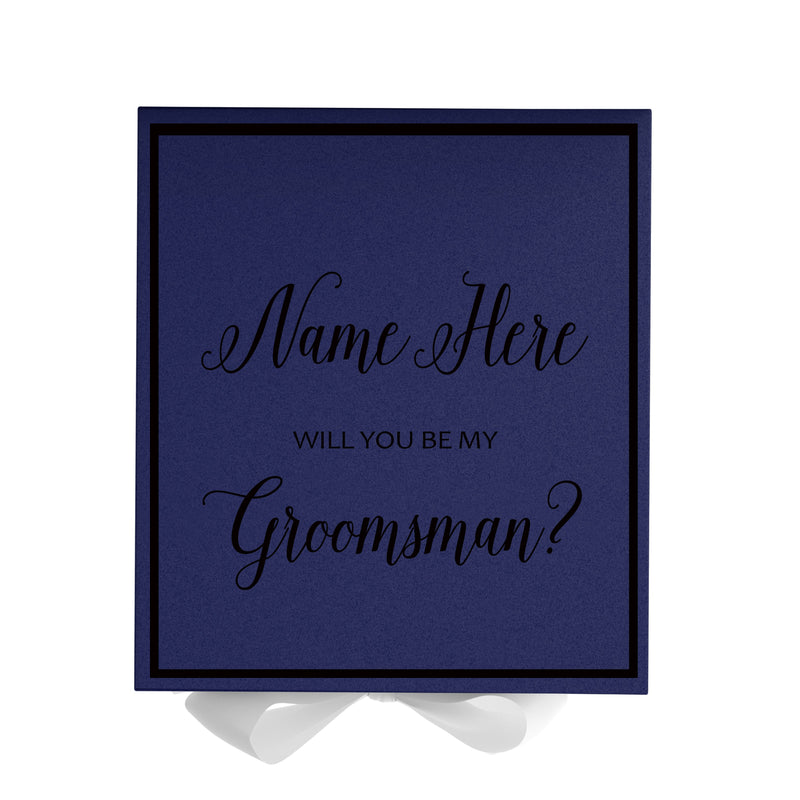 Personalized Will You Be My Groomsman  Box? Proposal Box Navy Blue w/ Bow white -  Border