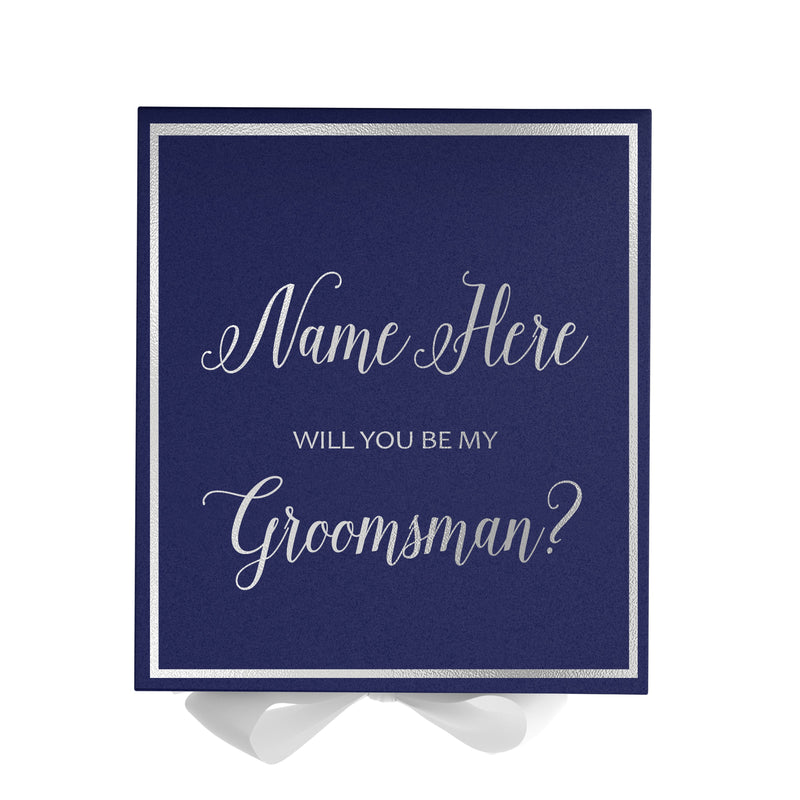 Personalized Will You Be My Groomsman  Box? Proposal Box Navy Blue w/ Bow white -  Border