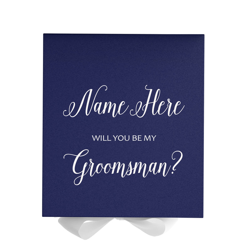 Personalized Will You Be My Groomsman  Box? Proposal Box Navy Blue w/ Bow white - No Border