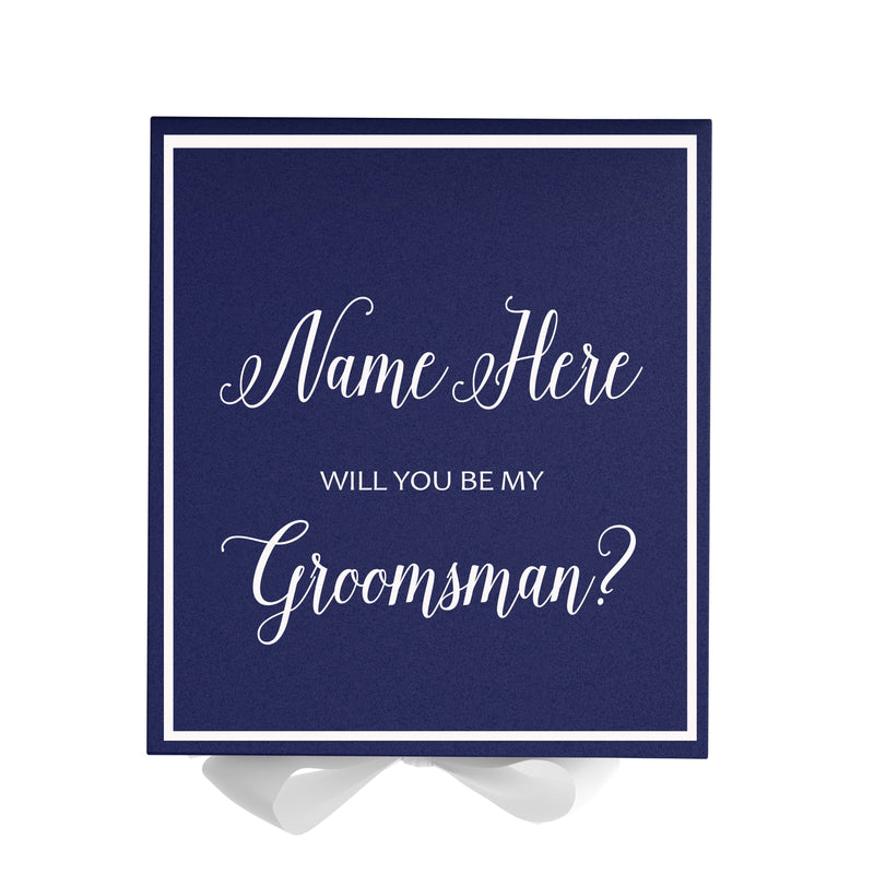 Personalized Will You Be My Groomsman  Box? Proposal Box Navy Blue w/ Bow white -  Border