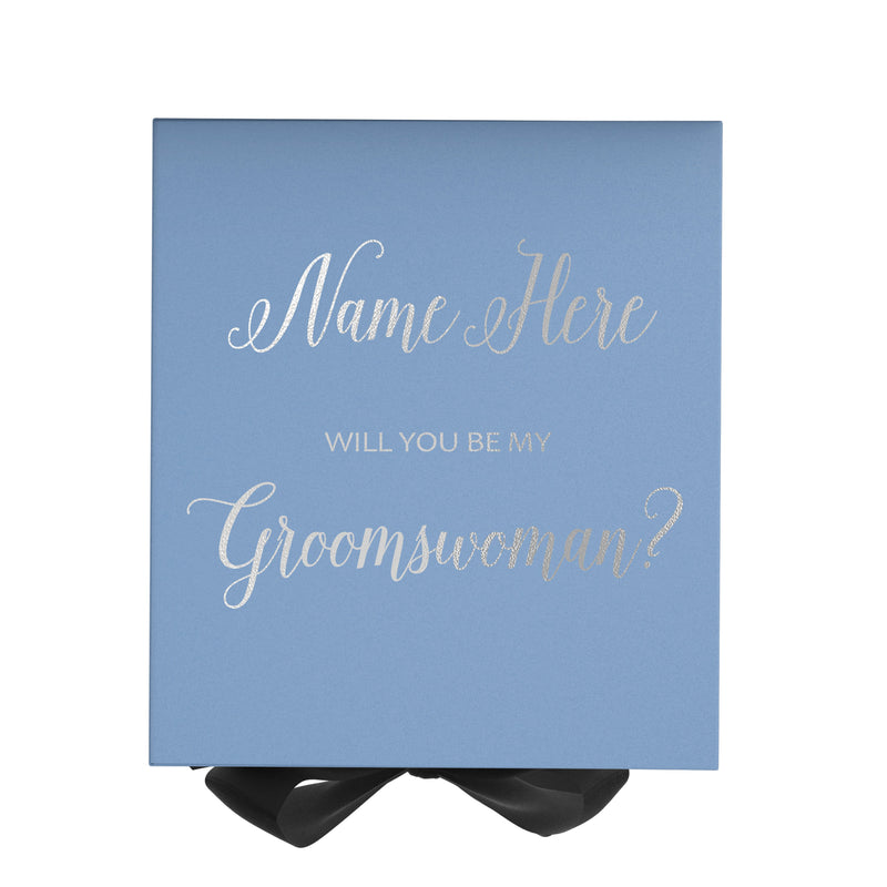 Personalized Will You Be My Groomswoman  Box? Proposal Box Light Blue w/ Bow Blk - No Border
