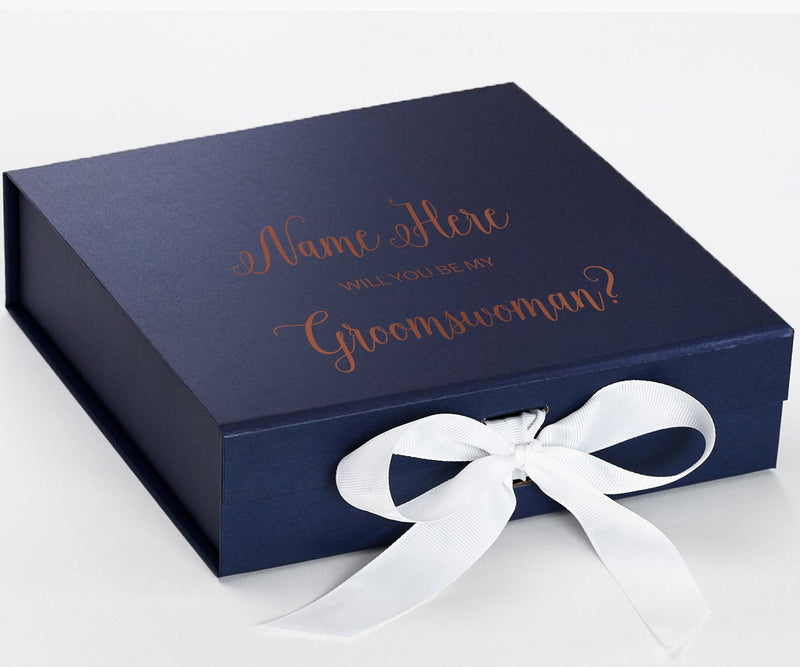 Personalized Will You Be My Groomswoman  Box? Proposal Box Navy Blue w/ Bow white - No Border
