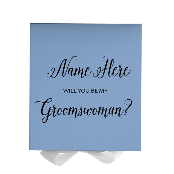 Personalized Will You Be My Groomswoman  Box? Proposal Box Light Blue w/ Bow white - No Border