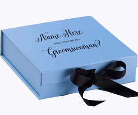 Personalized Will You Be My Groomswoman  Box? Proposal Box Light Blue w/ Bow Blk - No Border