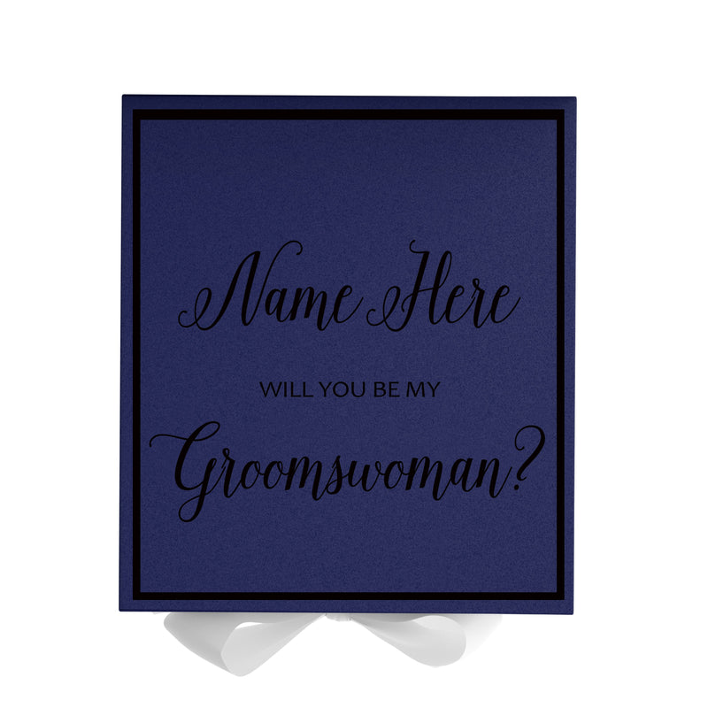 Personalized Will You Be My Groomswoman  Box? Proposal Box Navy Blue w/ Bow white -  Border
