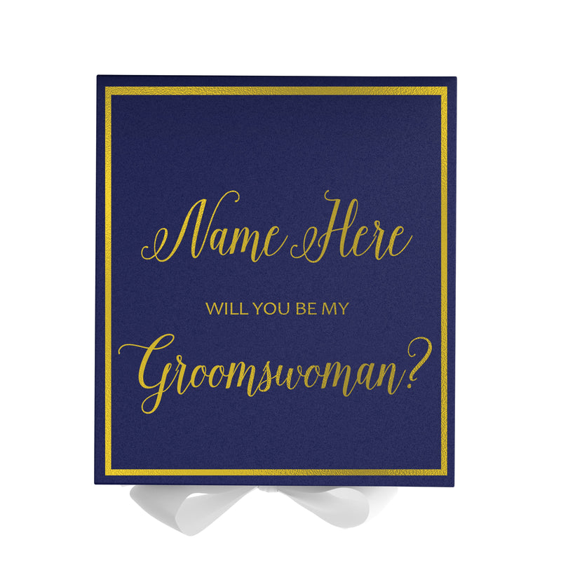 Personalized Will You Be My Groomswoman  Box? Proposal Box Navy Blue w/ Bow white -  Border