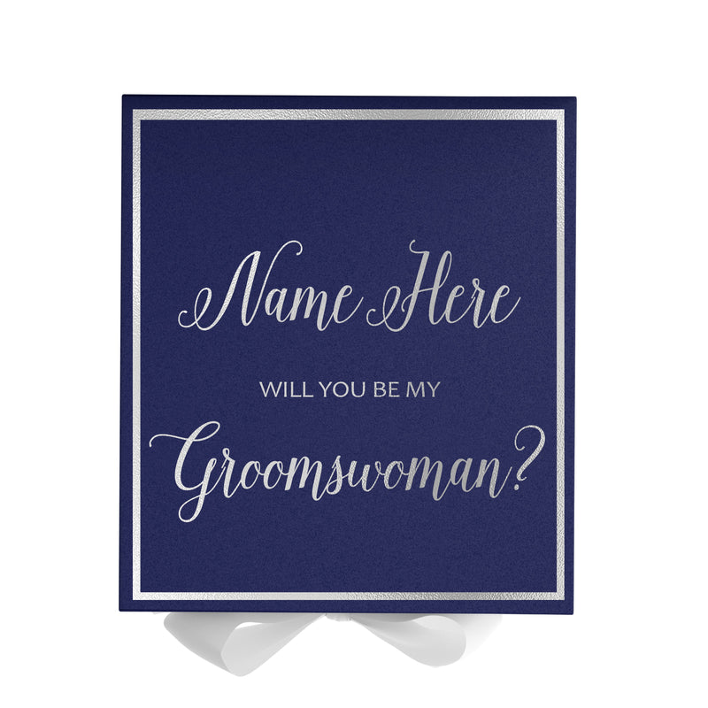 Personalized Will You Be My Groomswoman  Box? Proposal Box Navy Blue w/ Bow white -  Border