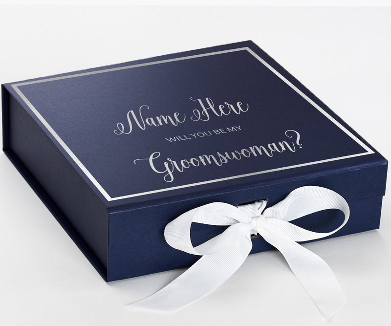 Personalized Will You Be My Groomswoman  Box? Proposal Box Navy Blue w/ Bow white -  Border