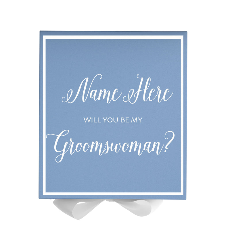 Personalized Will You Be My Groomswoman  Box? Proposal Box Light Blue w/ Bow white -  Border