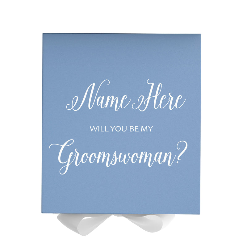 Personalized Will You Be My Groomswoman  Box? Proposal Box Light Blue w/ Bow white - No Border