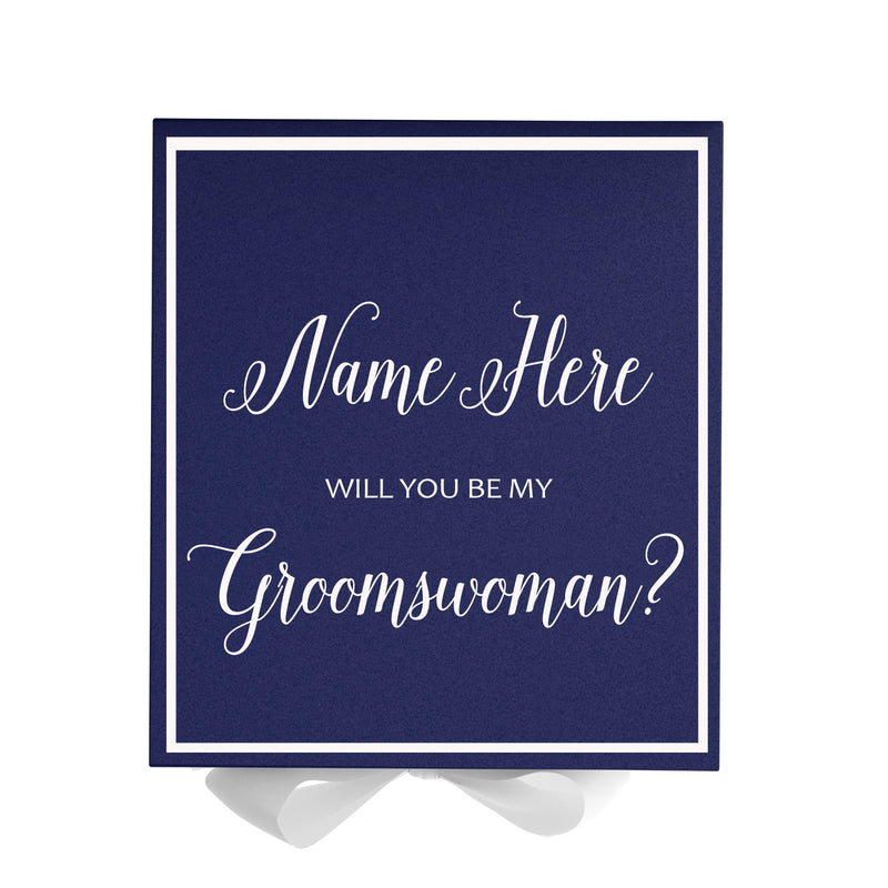 Personalized Will You Be My Groomswoman  Box? Proposal Box Navy Blue w/ Bow white -  Border